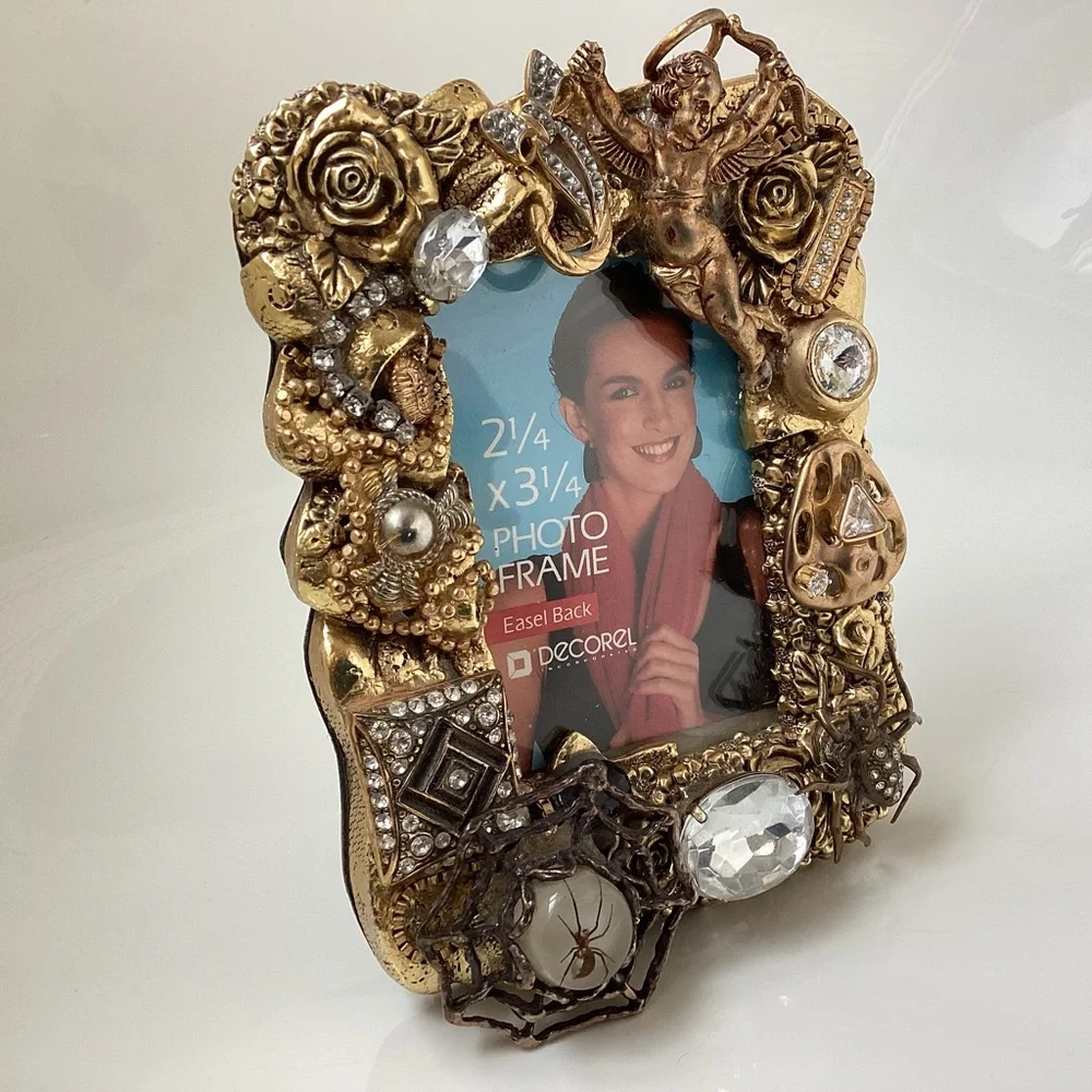 Gold spider and angel jeweled picture frame adorned with charms unique